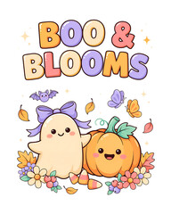 Fototapeta premium Cute kawaii ghost and smiling pumpkin with flowers and butterflies for a fun halloween seasonal greeting card design