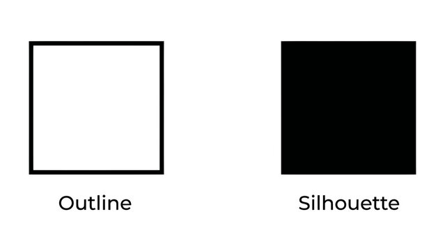 Contrast of Shapes: A clear visual representation of an outlined square next to a solid silhouette square, illustrating the difference between form and shape.
