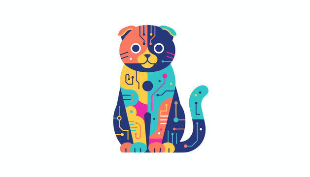 Abstract artistic illustration of a sitting cat decorated with colorful electronic circuit board patterns.
