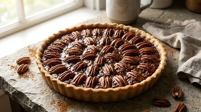 Pecan pie on a stone surface