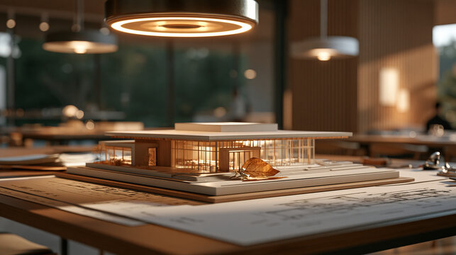 Architectural scale model of a faith community center sits on a drafting table under warm pendant lighting, hand-drawn elevation plans surrounding it, a pressed autumn leaf placed