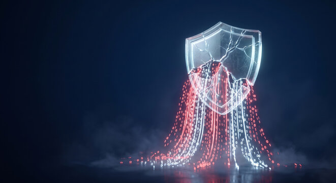 Binary Code Data Leak from Cracked Digital Shield - Cyber Security Breach Background