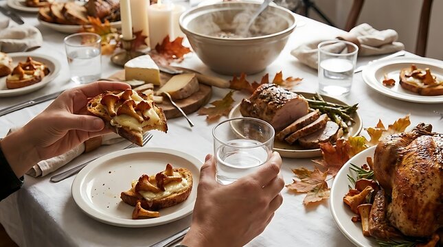Person eating mushroom toast at festive dinner table