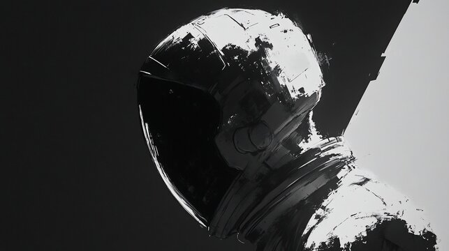 Astronaut in stark monochrome, helmet in the shadows, futuristic sci-fi
