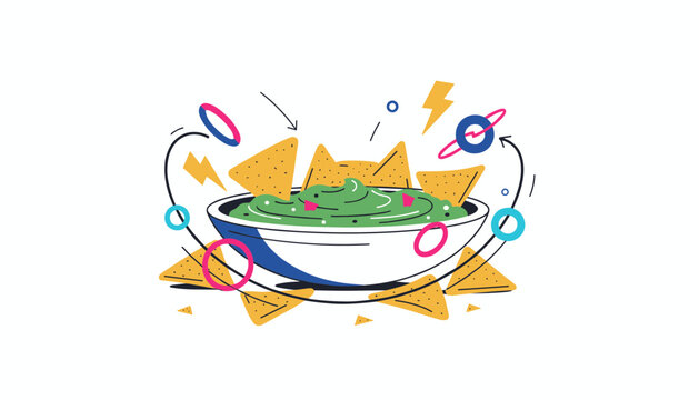 Bowl of fresh green guacamole dip surrounded by crispy tortilla chips and playful colorful abstract design shapes.
