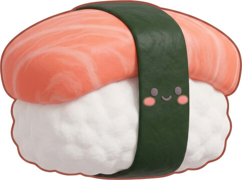Cute cartoon sushi roll with salmon nigiri top green seaweed wrapper and smiling face expression for isolated on transparent background