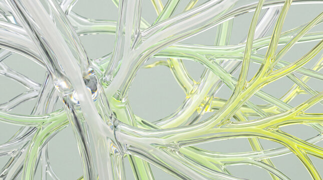 Radiating 3D glass branch node in green-yellow tones