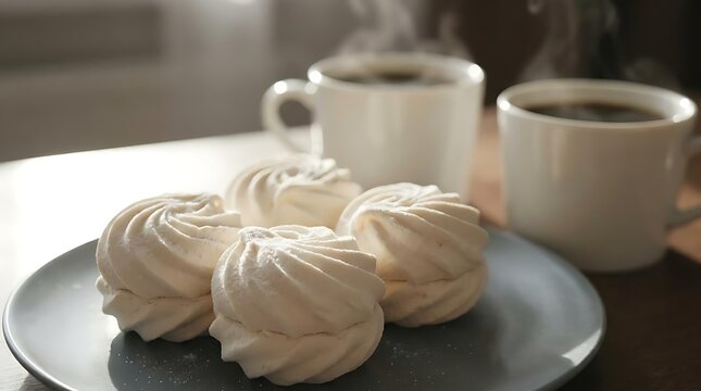 White marshmallows and steaming coffee in mugs