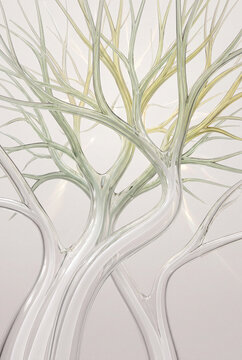 Vertical 3D glass tree branches rising in gradient tones