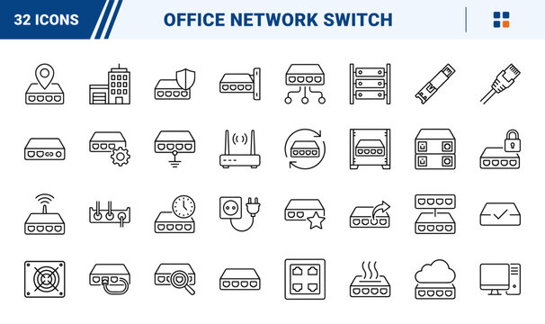 Network Switch Office Network Web Icon Set in Linear Style. Collection of enterprise switching line icons, including ethernet port, rack mount, fiber module, status light, server rack and more.