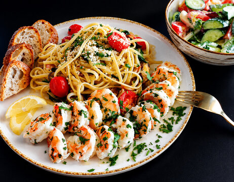 Makaron linguine z dużymi krewetkami, pomidorkami koktajlowymi, grzankami i świeżą sałatką