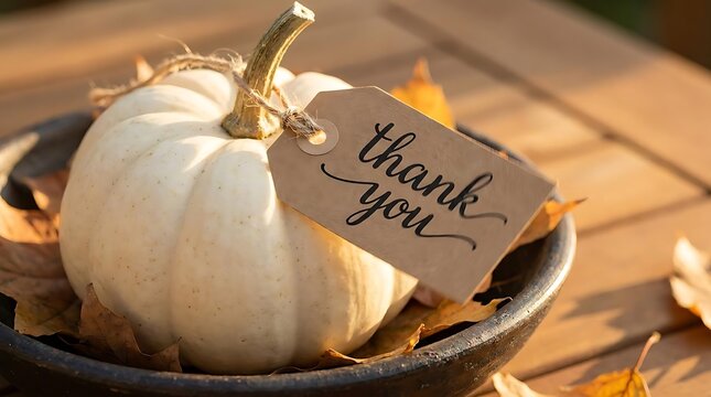 White pumpkin with thank you tag and autumn leaves