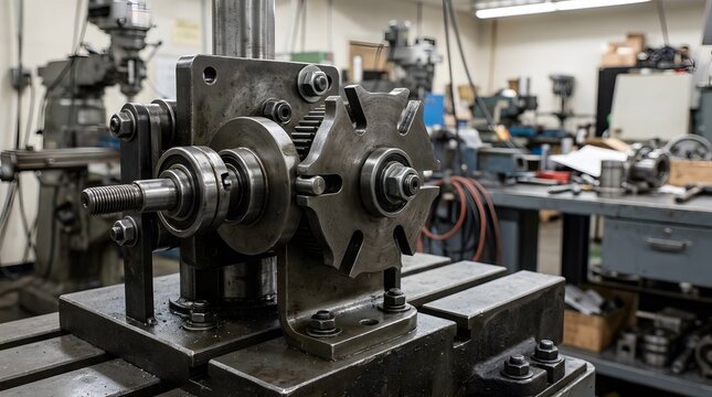 hardened steel Geneva drive indexing mechanism in a precision machine assembly for controlled rotation, automated positioning, manufacturing equipment, and motion control
