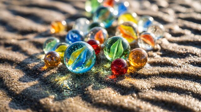Colorful glass marbles arranged on rippled sand with sunlight creating intricate reflections, abstract macro photography