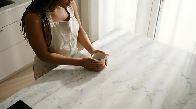 Woman holding white mug on marble countertop