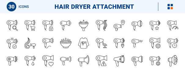 Fototapeta premium Hair Dryer Diffuser Web Icon Set in Linear Style. Collection of Styling Tool line icons, including bowl diffuser, finger prongs, wavy hair, airflow wave, heat setting, drying speed, and more.