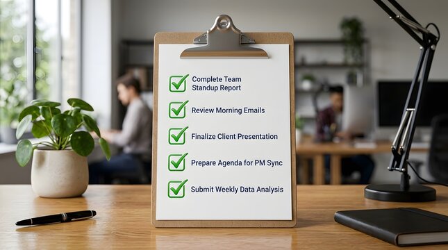 Clipboard with a completed daily task checklist on a wooden desk in an office setting