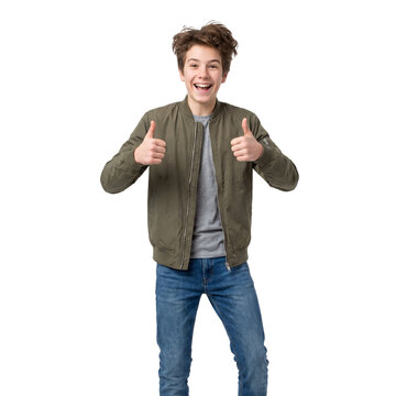 teenage boy thumbs up happy transparent background isolated casual portrait shows cheerful approval for youth confidence recommendations positive feedback school promotions and friendly communication