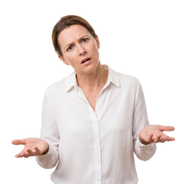 woman confused shrugging questioning transparent background isolated white blouse portrait asks what happened with open hands for uncertainty misunderstanding choices customer questions