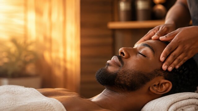 Relaxed man receiving a gentle head massage with eyes closed in a warm spa setting, peaceful facial expression and soft golden light creating a soothing wellness experience. 