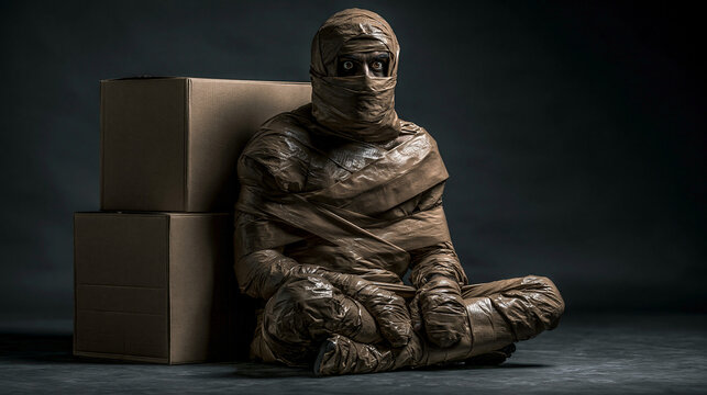 A man, wrapped in duct tape like a mummy, sat next to a package in a dark room.