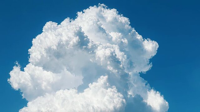 White cumulus clouds billow and transform against a bright blue sky, showcasing dynamic shapes and textures in a serene atmospheric setting