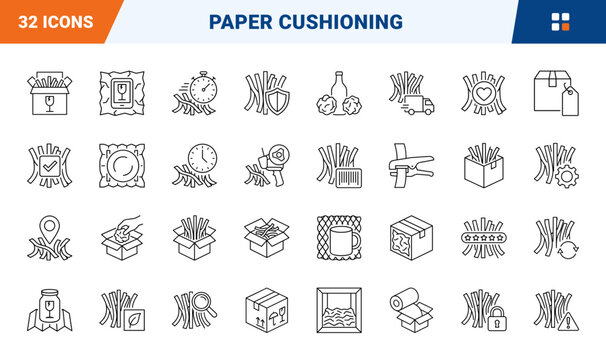 Void Fill Paper Web Icon Set in Linear Style. Collection of Eco Packaging line icons, including paper cushioning, box filler, fragile protection, shredded paper, package padding, void fill and more.