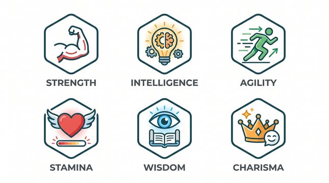 A collection of six colorful hexagonal icons illustrating various human qualities such as strength, intelligence, agility, stamina, wisdom, and charisma.