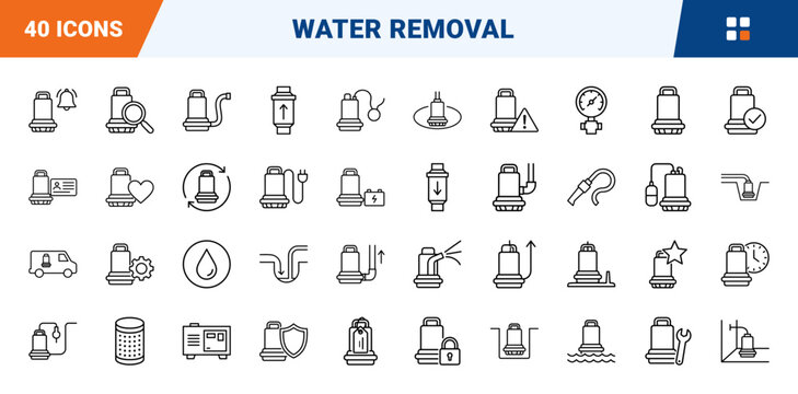 Sump Pump Water Removal Web Icon Set in Linear Style. Collection of drainage system line icons, including water droplet, discharge pipe, basin pit, float switch, backup battery, check valve and more.
