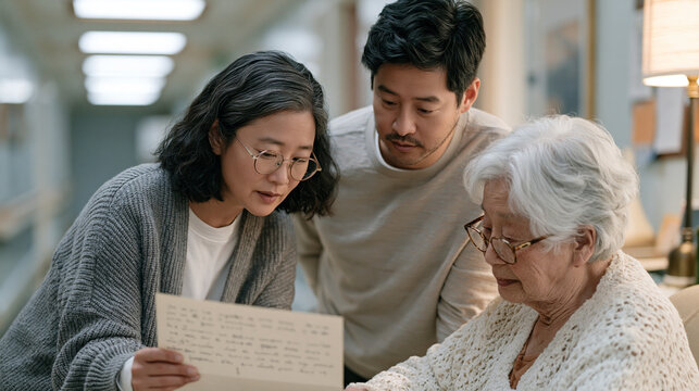 Ghostwriter in a hospital corridor leans over an elderly patient's shoulder reading a handwritten memoir draft, the over shoulder view revealing decades of family immigration