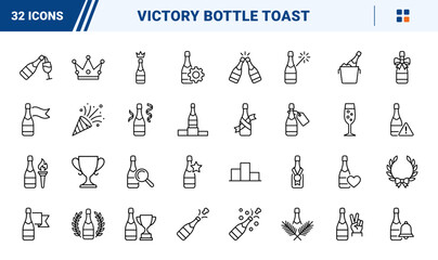 Fototapeta premium Champagne Bottle Victory Celebration Web Icon Set in Linear Style. Collection of Celebration Toast line icons, including champagne bottle, spray foam, trophy cup, winner podium, medal ribbon and more.