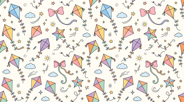 Cute Colorful Kite Seamless Pattern Background for Kids, Summer, Birthday and Outdoor Play