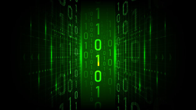 Digital technology background with binary code, glowing green data stream, futuristic interface, cyber network, and circular virtual platform with copy space