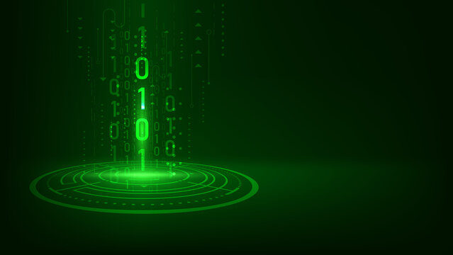 Digital technology background with binary code, glowing green data stream, futuristic interface, cyber network, and circular virtual platform with copy space