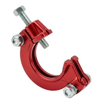 Red pipe clamp with rubber pad and bolt