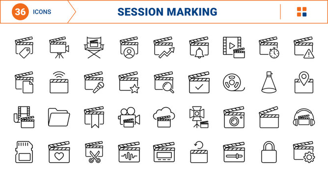 Take Marker Recording Session Marking Web Icon Set in Linear Style. Collection of Scene Marking line icons, including clapper board, audio waveform, film reel, timer clock, camera lens and more.