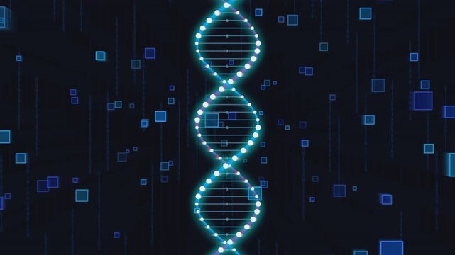 Digital DNA helix animation looping seamlessly in 3D space. Futuristic genetic code motion graphic with glowing blue particles.