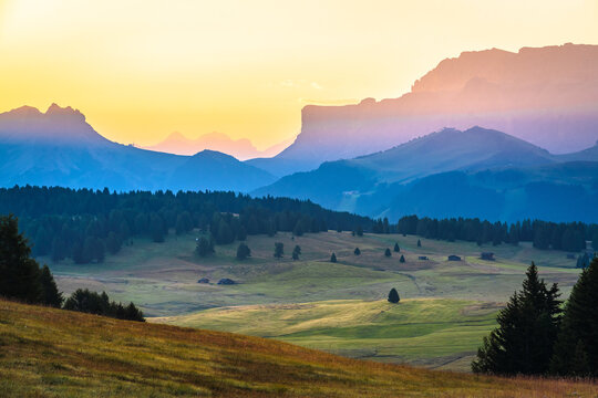 Dawn at Seiser Alm Alpine pasture scenic view. Alpe di Siusi