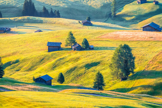 Alpine huts in Seiser Alm meadow hills dawn view, Alpe di Siusi.