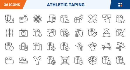 Fototapeta premium Kinesiology Taping Web Icon Set in Linear Style. Collection of Athletic Taping line icons, including tape roll, precut strip, shoulder taping, knee application, scissor cut, sports care and more.