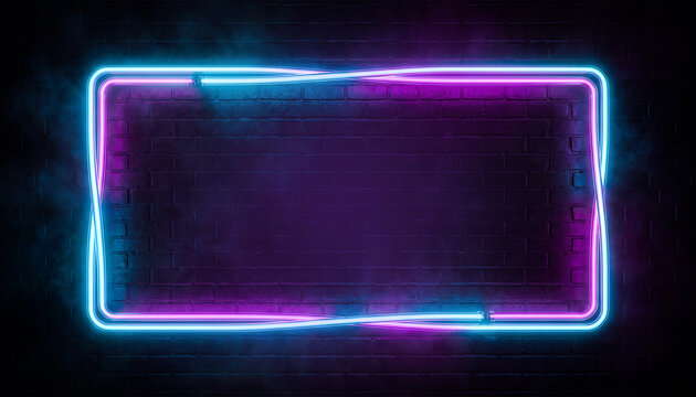 Blue and pink neon rectangle frame on dark brick wall background with smoke.