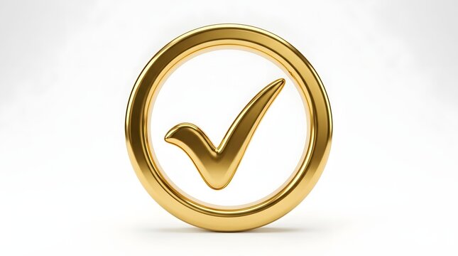 Golden check mark inside a circle isolated on white background