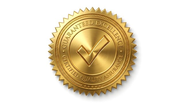 Gold seal of guaranteed excellence with a check mark isolated on white background