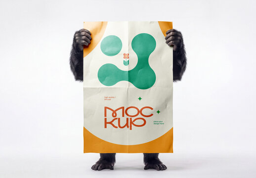 Folded Paper Poster Mockup Held by Surreal Gorilla Figure