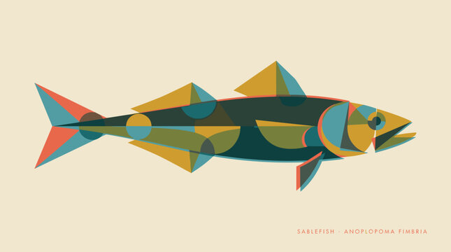 Sablefish vector illustration with geometric overlapping shapes and retro color palette