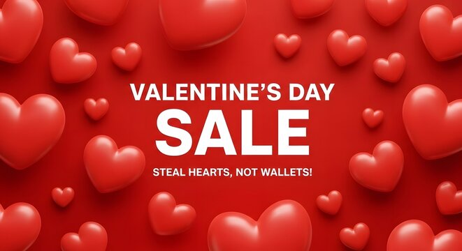 Valentines day sale promotion with floating red hearts and white text