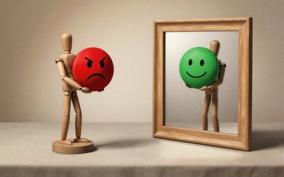 Wooden figure holds angry face, mirror shows smiling versioncontrast in emotions.