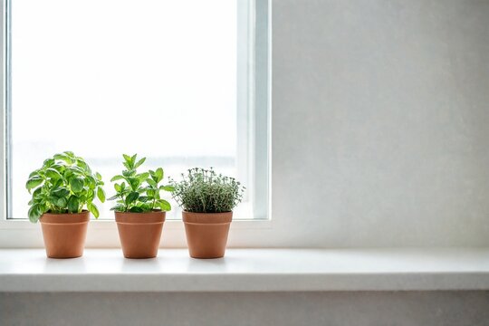 Fresh herbs in small pots on a white sill