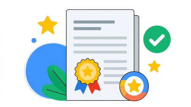Documents show completion of a task with symbols of achievement in a simple design