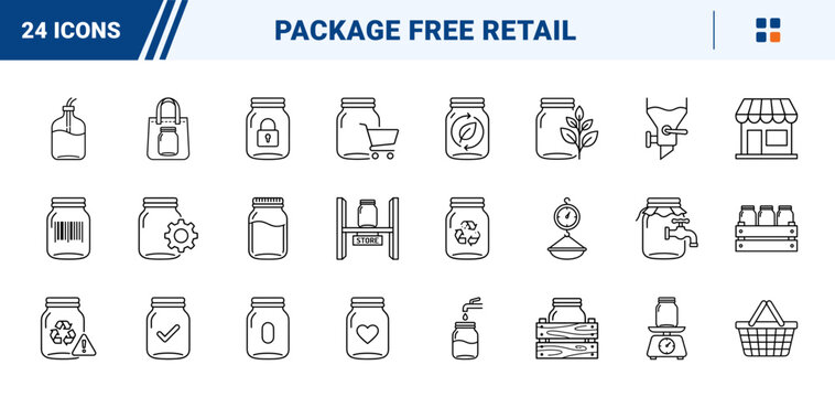 Refill Station Package Free Shopping Web Icon Set in Linear Style. Collection of Eco Store line icons, including mason jar, bulk dispenser, balance scale, tote bag, refill tap, zero waste and more.